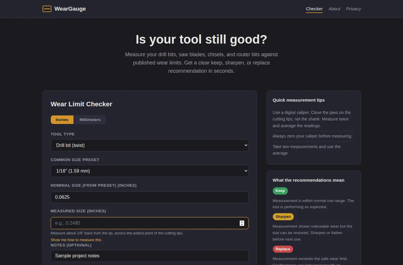 Screenshot of WearGauge: Hand Tool Wear Limit Checker interface showing the project page in use